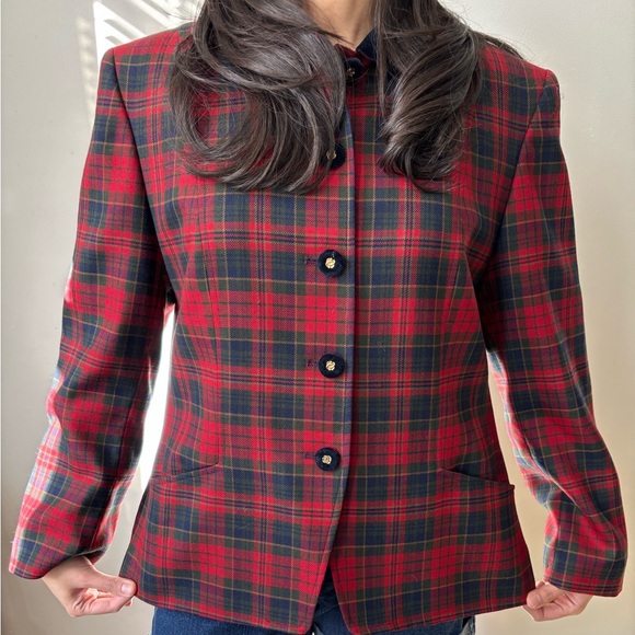 Vintage Pendleton Preppy Wool Plaid Red Blue Velvet Twee Jacket Medium - Large - Picture 3 of 13